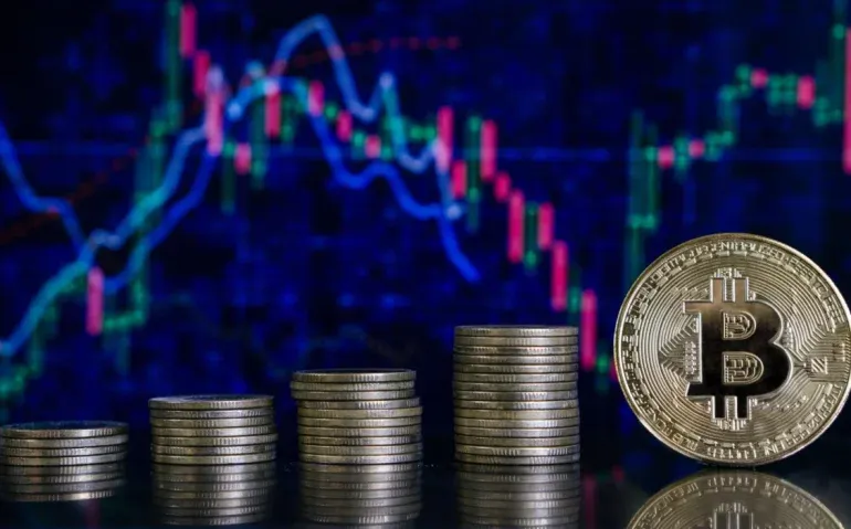 bitcoin-and-stacked-coins-with-graphic
