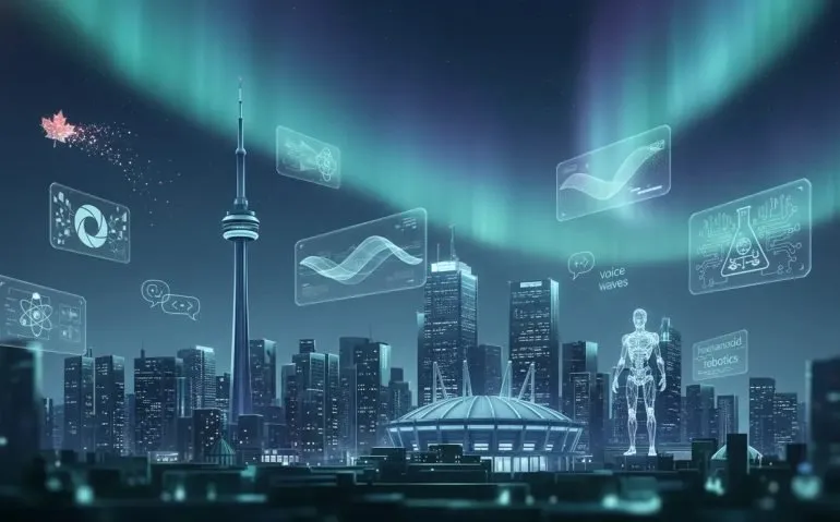 Futuristic Canadian city skyline with holographic AI breakthrough icons representing image, video, voice, robotics, and science—no text