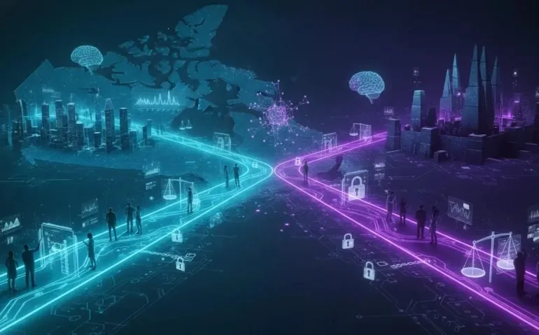 Futuristic illustration of Canada at a crossroads for frontier AI access, showing glowing network paths split between open and gated systems with lock motifs, circuit patterns, and abstract neural networks.
