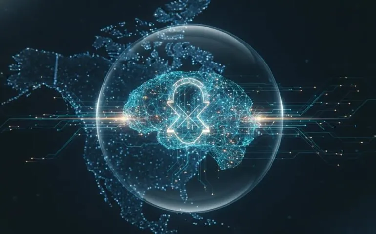 Futuristic illustration of Canadian AI networks under heightened access control, showing data streams being scraped and filtered behind a glowing permission gate.