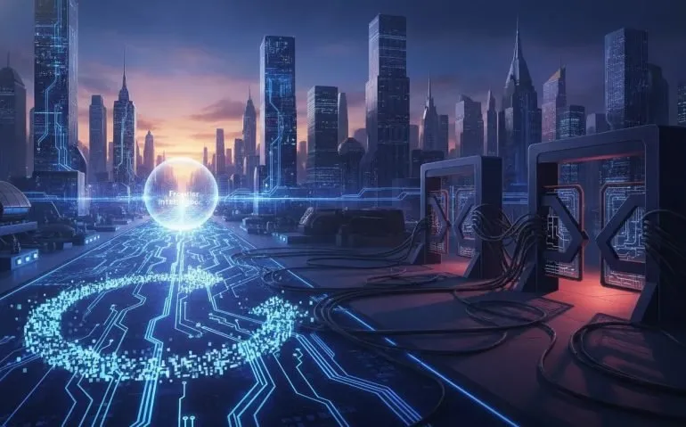 Cinematic illustration of AI access inequality in Canada, with glowing open network pathways contrasted against restricted, locked nodes and a returning pixelated circuit loop.
