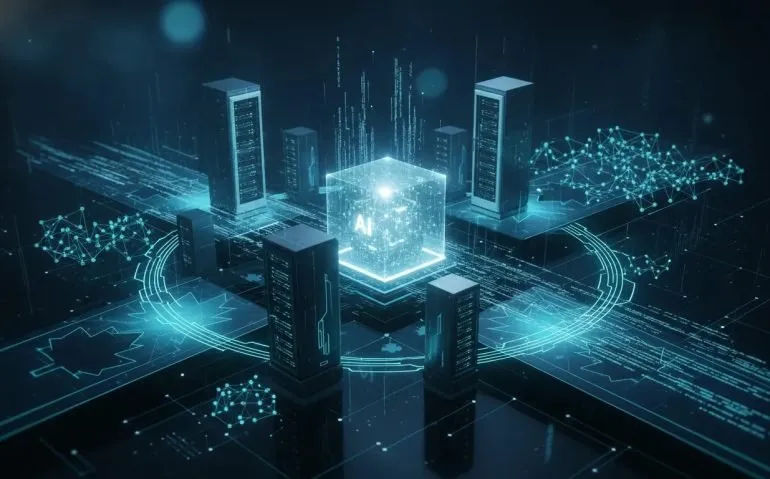 Futuristic Canadian tech-themed illustration showing an AI model core connected to glowing neural networks, data streams, and server infrastructure with no text.
