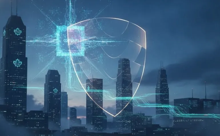 Futuristic Canadian skyline with a glowing AI compute core and an overlapping abstract governance shield, symbolizing the challenge of scaling frontier AI responsibly.