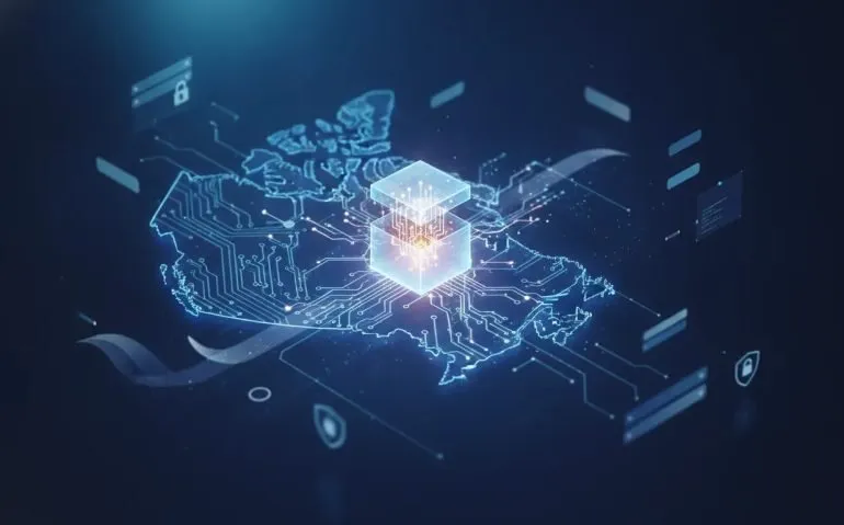 Illustration of Canada-themed open-model enterprise AI breakthrough with connected glowing network nodes, secure governance shield, and circuit-like map geometry—no text.