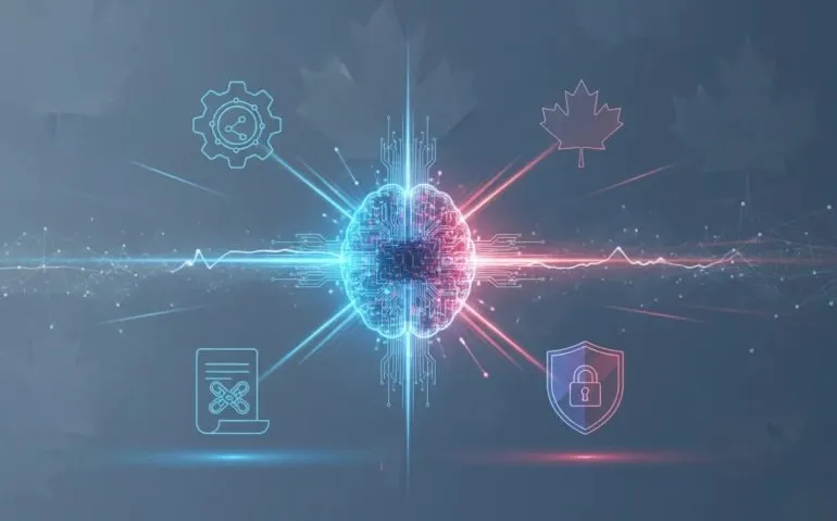Futuristic wordless illustration of a glowing AI brain/circuit sending flash-like signals across connected enterprise nodes with subtle Canadian motifs, evoking Gemini 3.8 Flash and AI portfolio deployment.