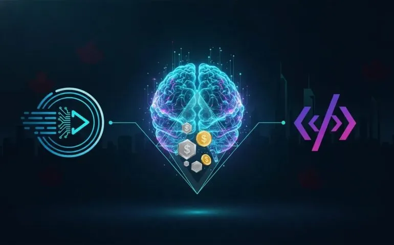 Holographic AI brain with glowing circuits and abstract icons symbolizing speed, low-cost deployment, and coding capability for Canadian tech—no text.