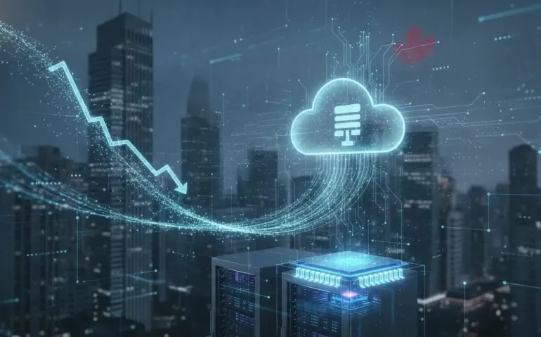 Futuristic Canadian skyline with holographic server racks and flowing AI circuitry symbolizing open-weights model pricing disruption.