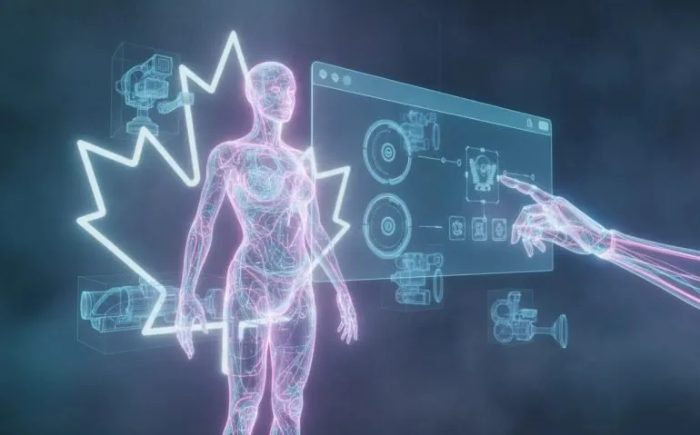 Futuristic Canadian tech concept art illustrating an AI agent controlling browser automation and generating 3D holographic assets, rendered without any text.