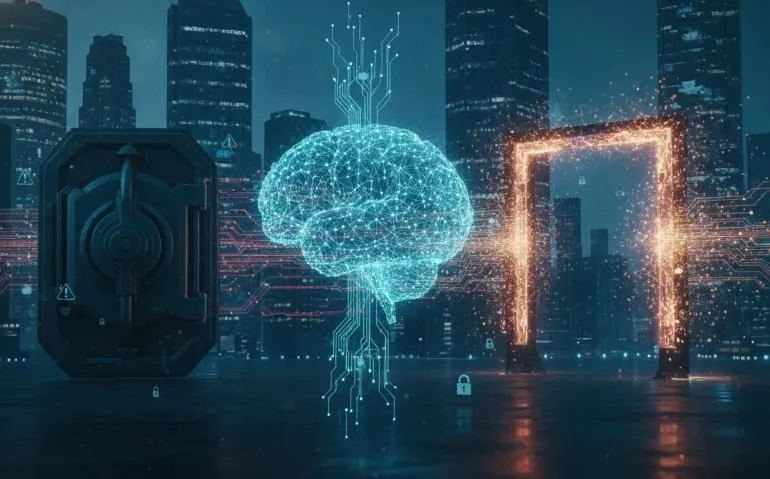 Cinematic illustration of Canada’s tech landscape facing an open-source AI shift, showing distributed neural networks and a contrast between sealed proprietary control and open access—no text.