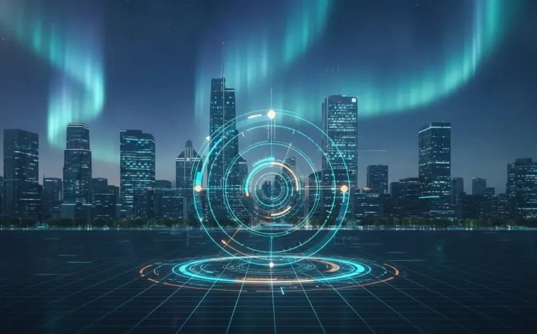 Futuristic Canadian city with an illuminated recursive AI loop of interconnected nodes, symbolizing recursive self-improvement and an AI inflection point.