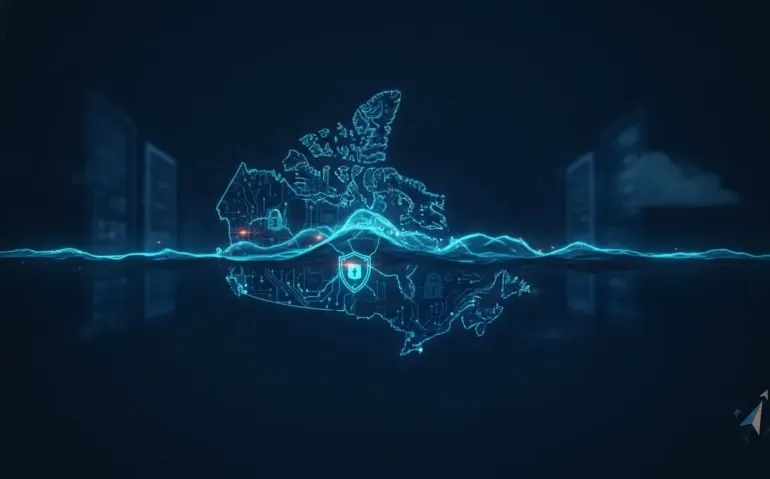 Cinematic wordless illustration showing a glowing circuitry map of Canada with a security shield and shockwave motif representing a new AI access and security era.