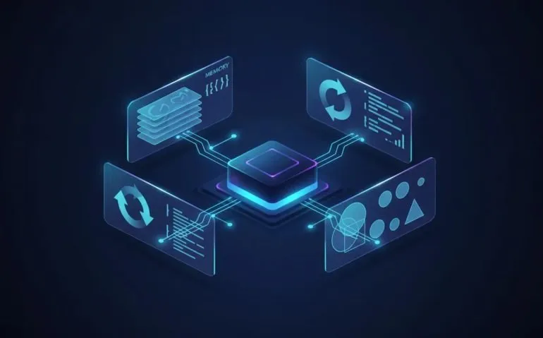 Futuristic AI network illustration representing an update with memory layers, automation flows, and coding and design functions, with glowing nodes and no text.