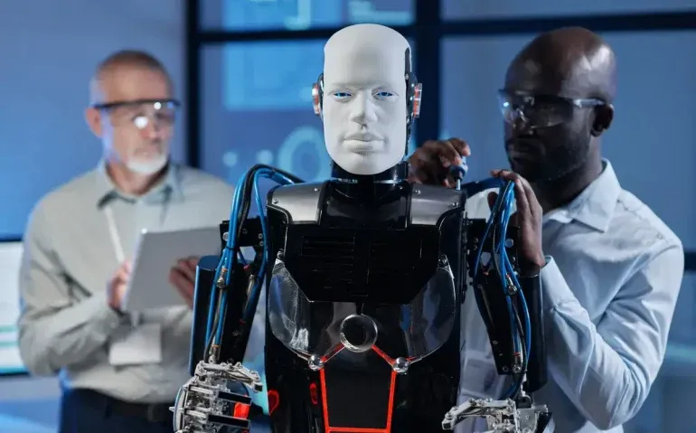 engineer-repairing-robot-with-tools