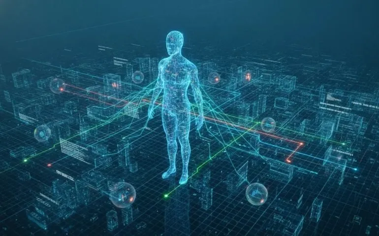 Futuristic holographic network showing an AI core guiding software development workflow with branching intent and consequence paths in a clean blue teal tech scene.