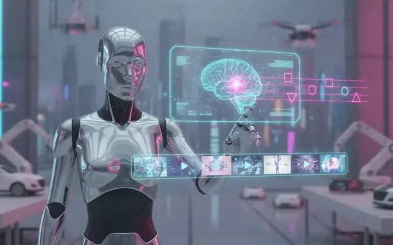 Cinematic futuristic scene featuring a humanoid companion robot and glowing holographic AI elements representing mind reading, video editing, and robotics, with no text.