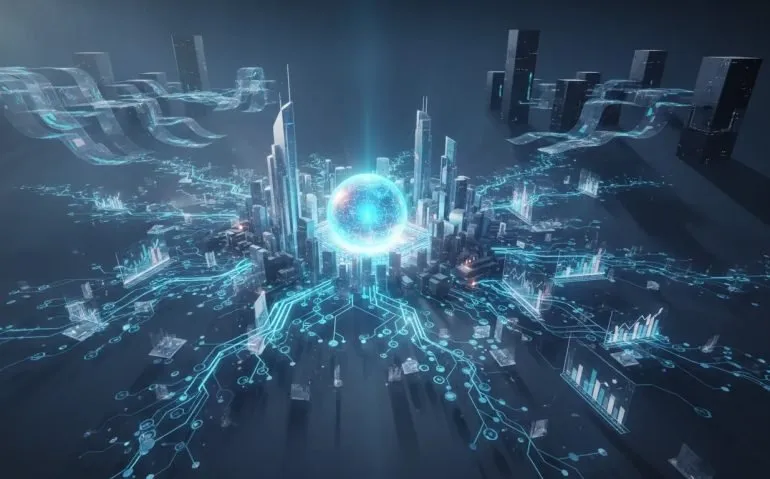 Futuristic illustration showing a glowing AI core connected to an open network, suggesting a new leading open-source model reshaping the AI market.
