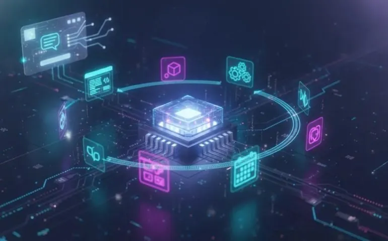 Futuristic holographic AI workspace scene showing interconnected coding, automation workflow replay, interactive modules, scheduling, integrations, and enhanced voice control—no text.