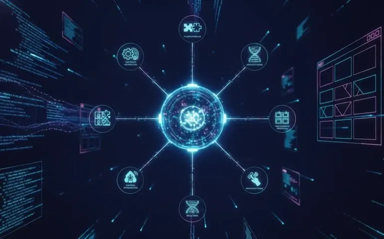 Futuristic holographic AI system showing connected modules for automation, plugins, integrations, skills, web building, and advanced execution—no text.