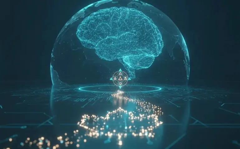 Futuristic holographic brain and digital network imagery symbolizing a first glimpse of AGI in a cinematic editorial scene