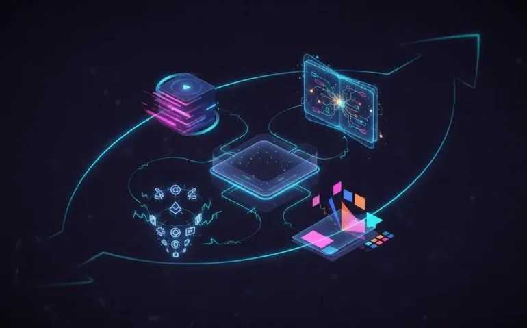 Futuristic wordless illustration of connected holographic modules representing video creation, faster lightweight AI, mind-map organization in notebooks, and brand-focused creative tools within an upgraded Gemini interface.
