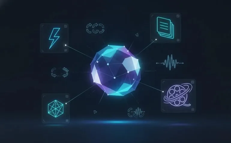 Futuristic sci-fi illustration showing connected holographic panels symbolizing fast AI, a lightweight model, video generation/editing, and notebook-style upgrades from Google Gemini—no text.