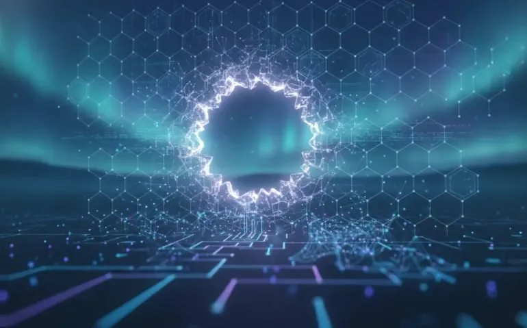 Abstract illustration of a glowing logic barrier with a tunnel of connected nodes, symbolizing a potential breakthrough in computational problem-solving.