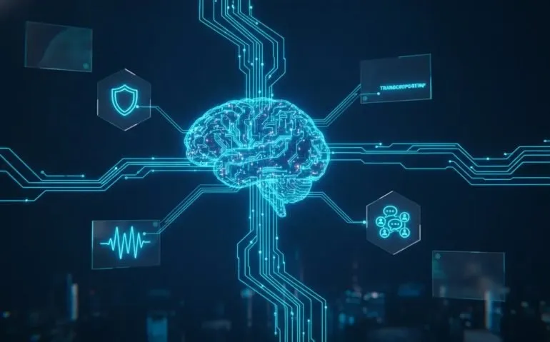 Futuristic AI network illustration showing fast Gemini model upgrades with connected nodes, cybersecurity shielding, and live automation signals.