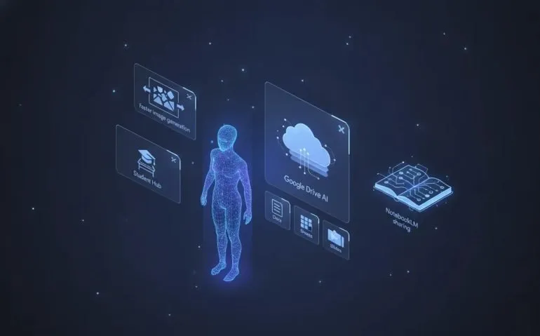 Futuristic illustration showing an AI assistant integrated with learning and productivity tools, with holographic icons representing document, spreadsheet, presentation, cloud storage, and notebook sharing.