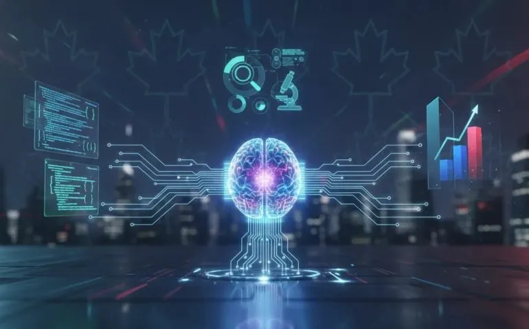Futuristic wordless illustration of an advanced AI core powering coding, research, and business through glowing holographic pathways with Canadian-inspired lighting accents.