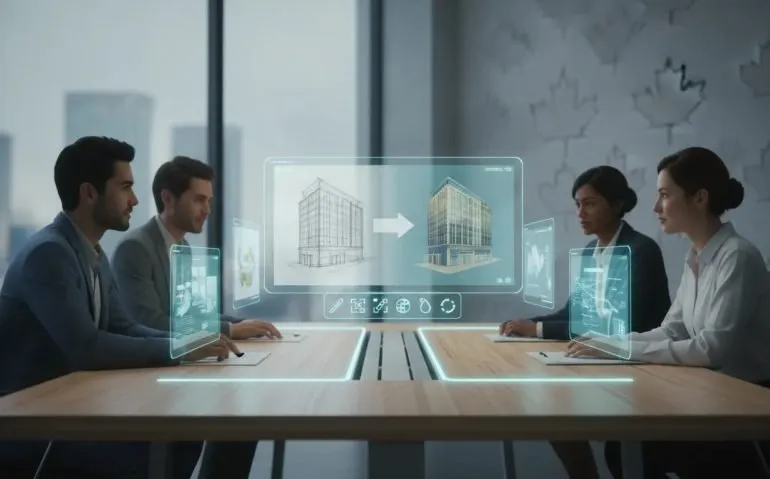 Illustration of a Canadian business team using an AI image generation and editing interface to refine creative work, showing iterative progress without any text.