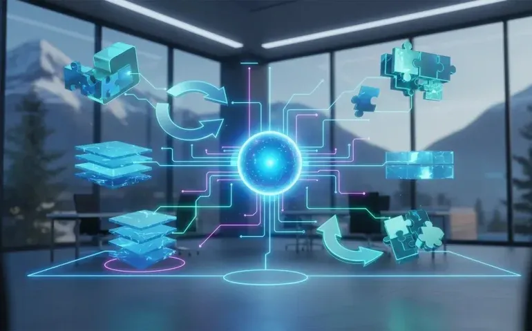 Futuristic editorial illustration of an open-source AI agent concept with a glowing central core, connected memory modules, and looping pathways symbolizing persistent learning and skill reuse—no text.