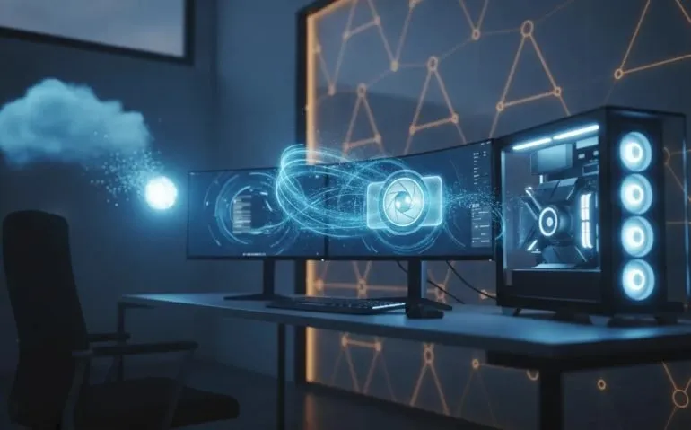 Futuristic Canadian tech workspace illustrating a powerful local AI image generator with holographic camera imagery and local computing glow, contrasted against a fading cloud network