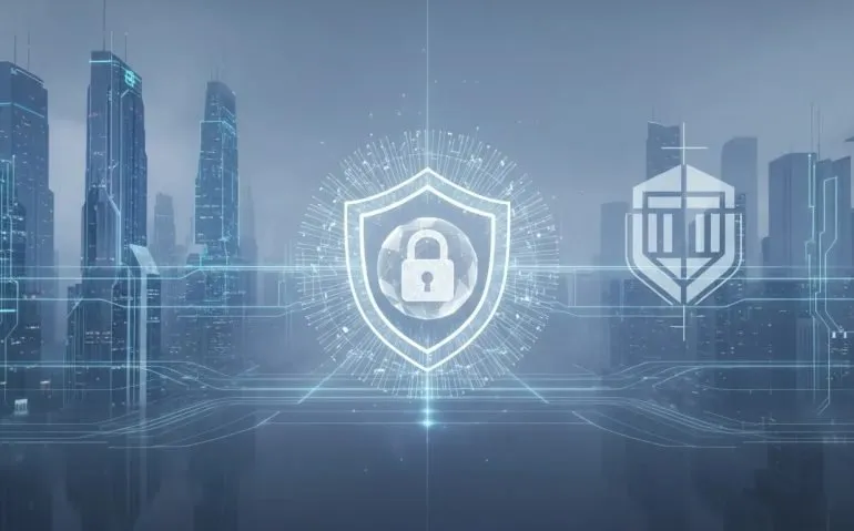 Futuristic holographic AI core locked behind a security barrier, symbolizing government-controlled access and cybersecurity risk from frontier AI models
