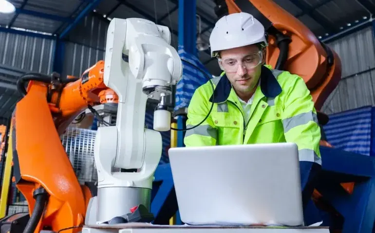 man-engineer-using-laptop-control-robot