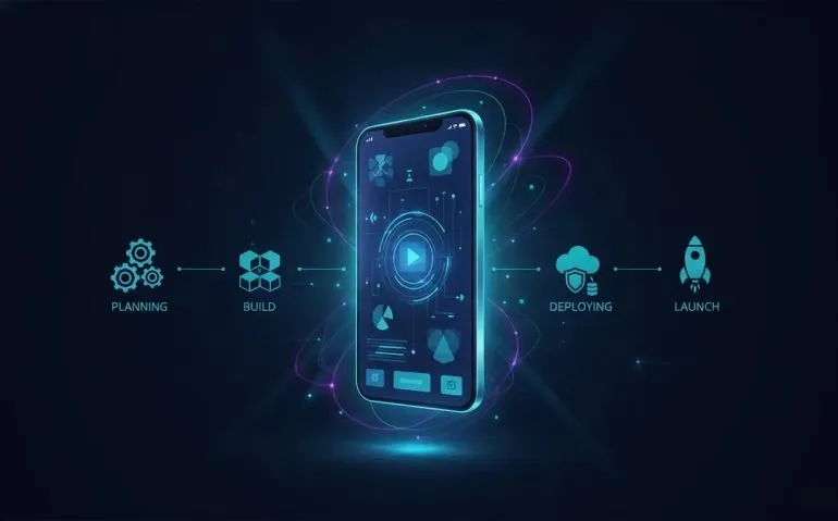 Illustration of a smartphone with abstract AI connections and graphical launch elements symbolizing no-code AI mobile app building and publishing.
