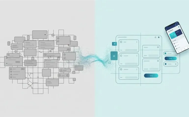 Split-screen illustration showing an outdated generic AI wireframe workflow versus a polished, context-aware AI design agent producing clean UI/UX layouts
