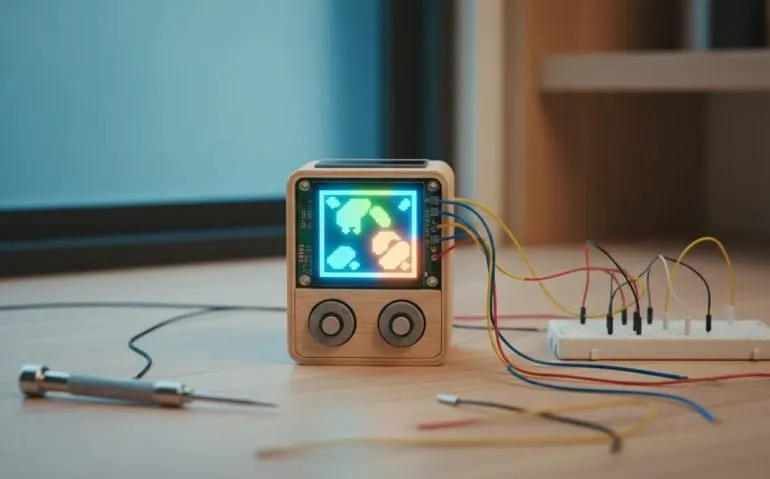Raspberry Pi Pico DIY handheld digital pet with glowing pixel screen and physical controls on a maker desk, no text.