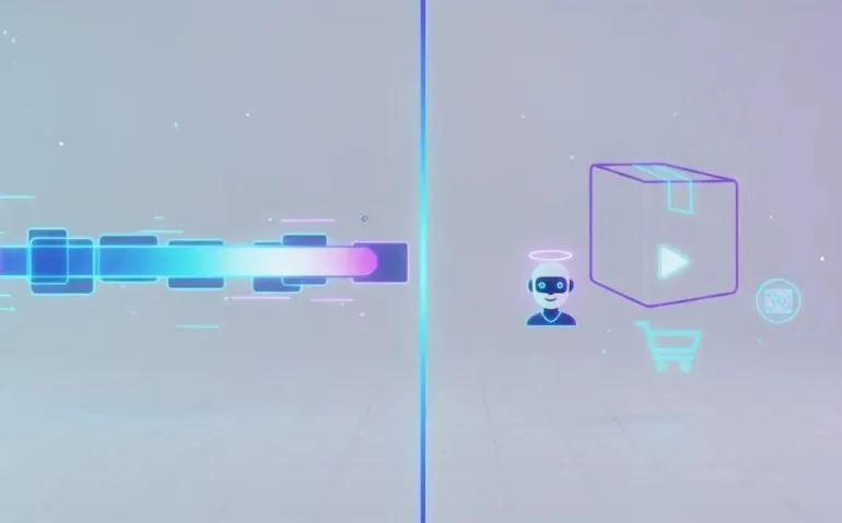 Futuristic split-screen illustration showing seamless AI video generation for consistent product ads, with e-commerce elements and an AI avatar, no text.
