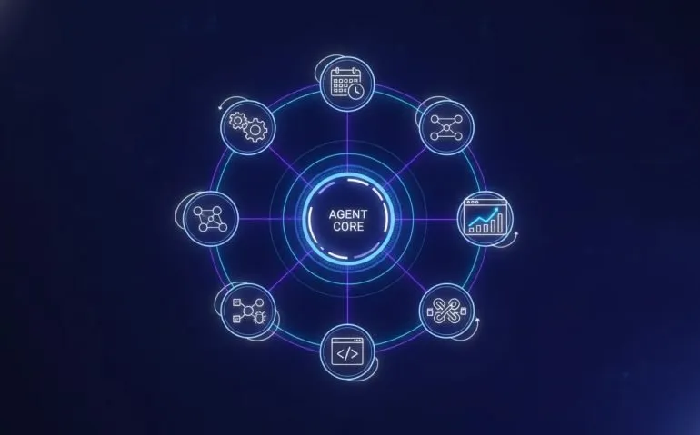 Illustration of self-improving 24/7 AI agents connecting tools, running automated workflows, and improving KPIs over time.