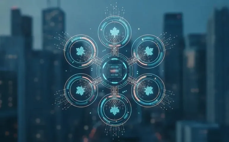 Futuristic illustration of seven glowing AI automation loops connecting a central server core with circuit paths and flowing data over a subtle Canadian city skyline at dusk.