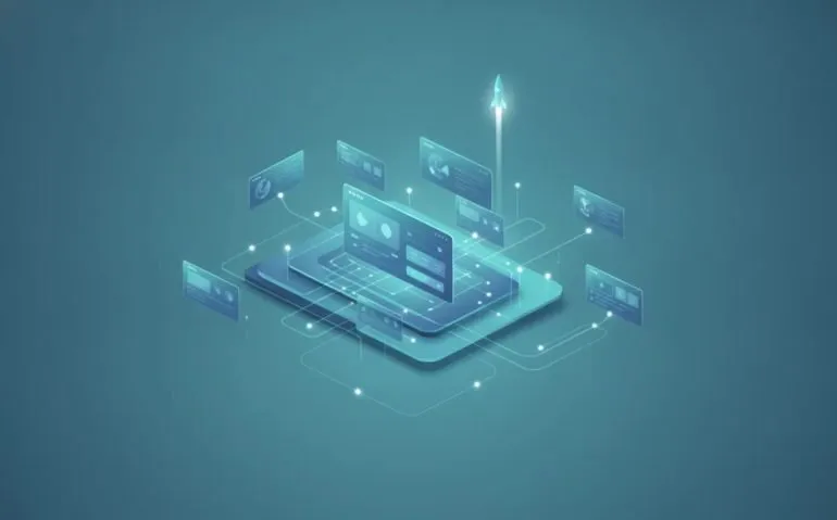 Abstract illustration of a no-code AI app builder with connected dashboard, database cards, and workflow automation visualized by glowing lines