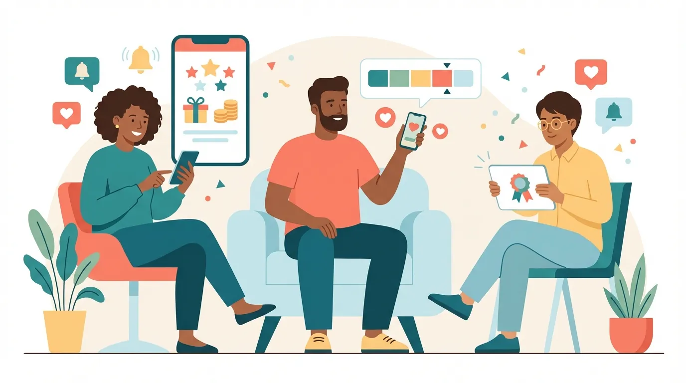 Simple flat-style illustration showing three diverse customers interacting with a mobile loyalty app, earning points, and receiving rewards. No text or logos appear in the image.