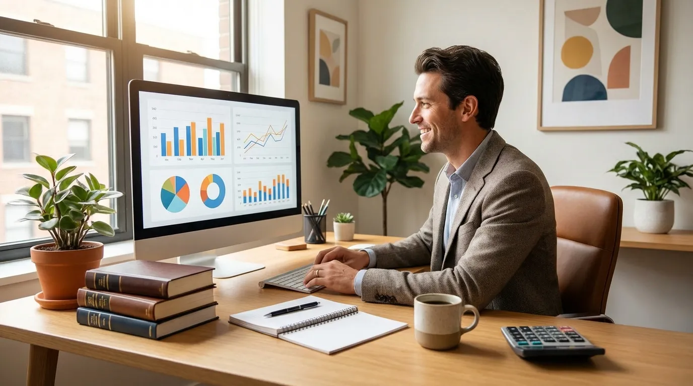 A small law firm office scene showing a smiling lawyer at a tidy desk using a computer that displays colorful, text-free tax software dashboards and financial graphs. Office details include legal books, a notepad, a pen, a coffee mug, and a calculator &mdash; conveying budget-smart software improving business efficiency and advertising ROI.