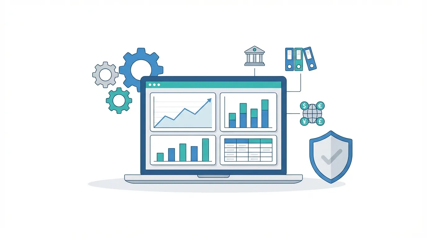 Enterprise accounting dashboard showing automation, charts, and compliance icons