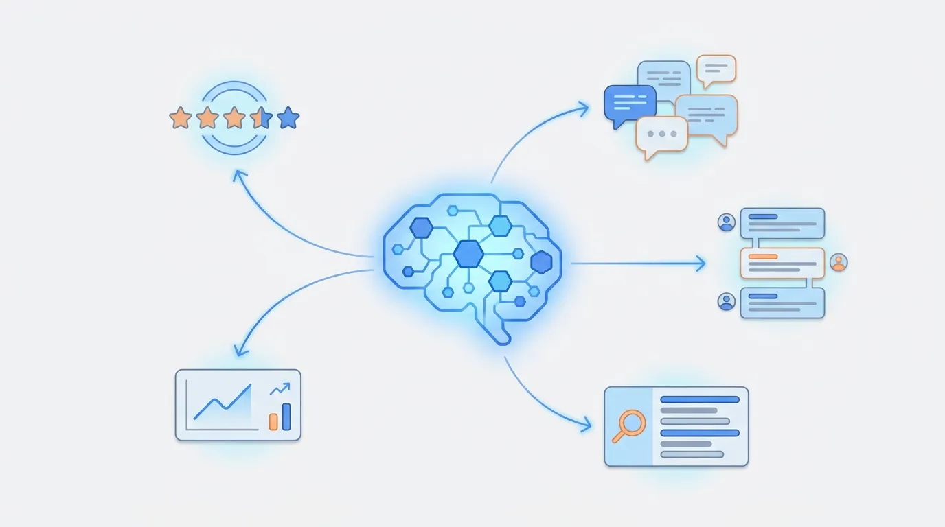 Illustration of an abstract AI node connecting via lines to icons representing star reviews, forum posts, a search result card, and a small analytics tile. Colors: blues, muted orange, soft gray.