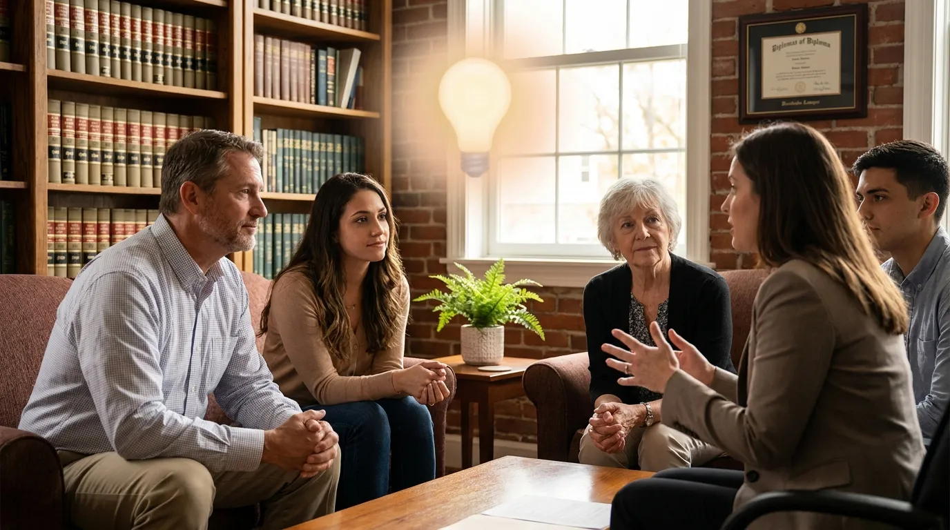 Photo of a small law firm meeting where a lawyer shares a story with clients. Warm lighting. Law books and a diploma visible. A soft glowing light motif above the group symbolizes ideas and connection.