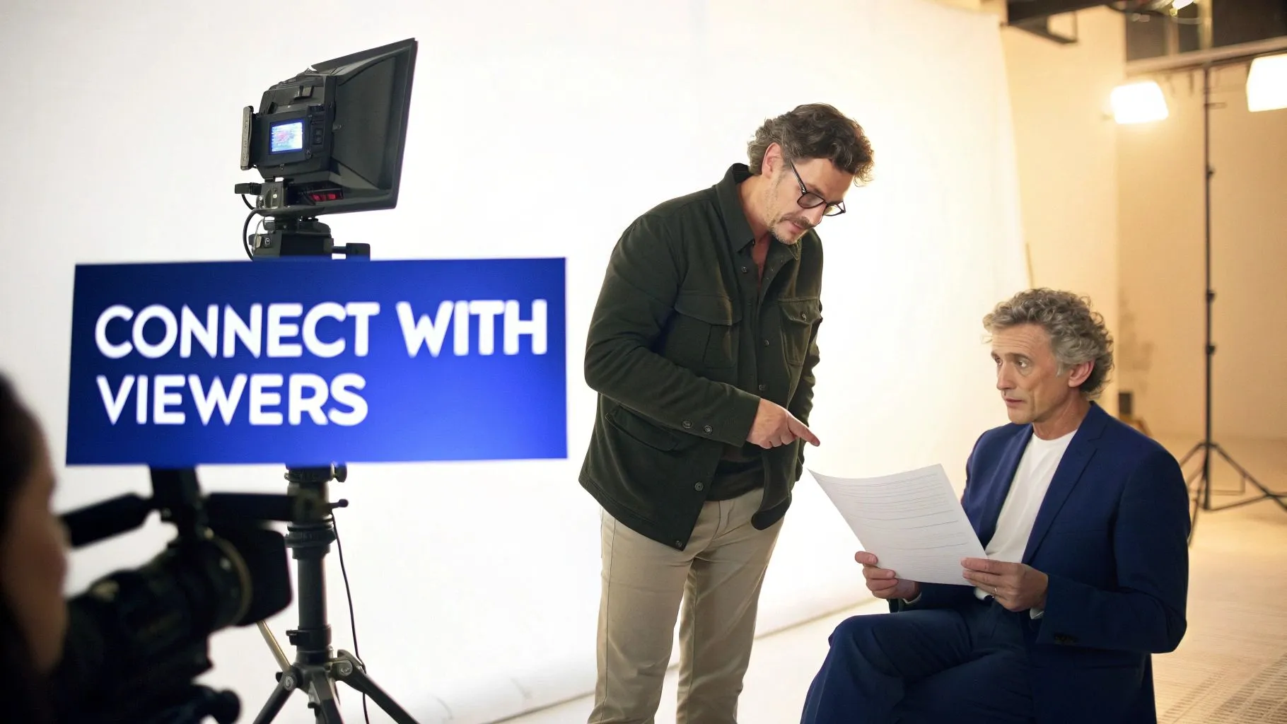 Winning the Airwaves with Attorney TV Advertising 2 Two men discuss a script in a studio setting with a teleprompter displaying 'Connect With Viewers'.