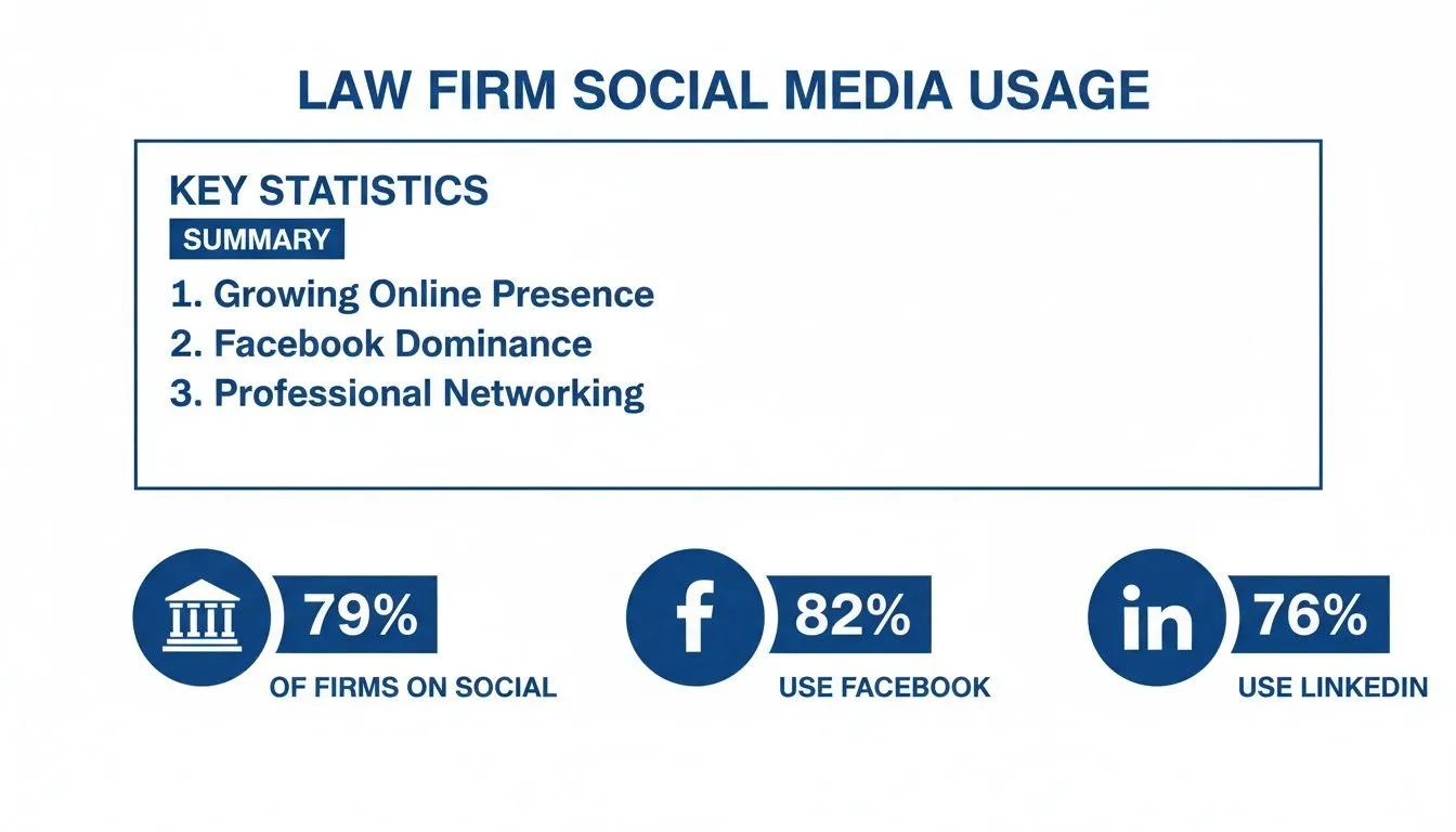 A Guide to Law Firm Marketing Social Media 1 Infographic showing law firm social media usage key statistics, highlighting Facebook, LinkedIn, and overall online presence.