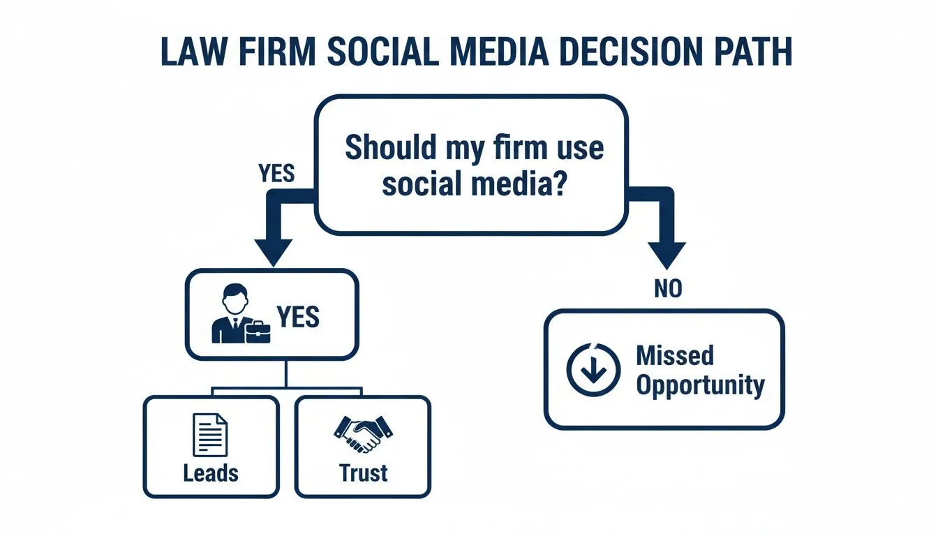Law Firm Social Media: Ethical Growth for Your Practice - law firm social media 1 Flowchart outlining a law firm's decision to use social media, resulting in leads, trust, or a missed opportunity.