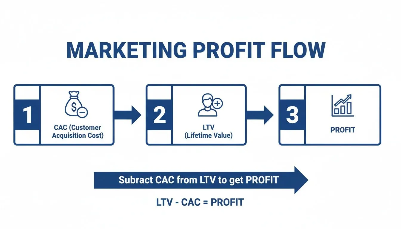 How to Calculate Marketing ROI: A Practical Guide for Law Firms 2 A marketing profit flow diagram illustrates how to calculate profit using LTV minus CAC.
